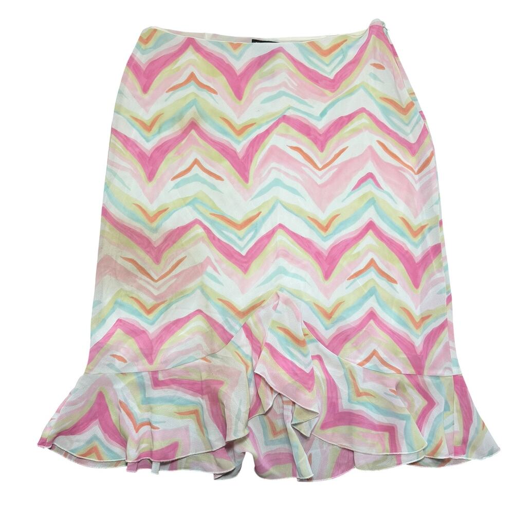 New York and Company Pink Chevron Ruffle Asymmetrical Hem Skirt Size 10